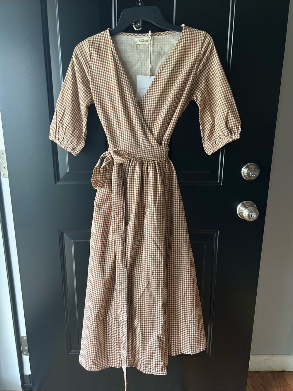Little Cottonwood Wrap Tie Midi Dress in Brown Gingham